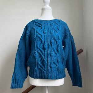 Vintage Chunky Hand Knit Cable Fisherman Sweater Cerulean Blue